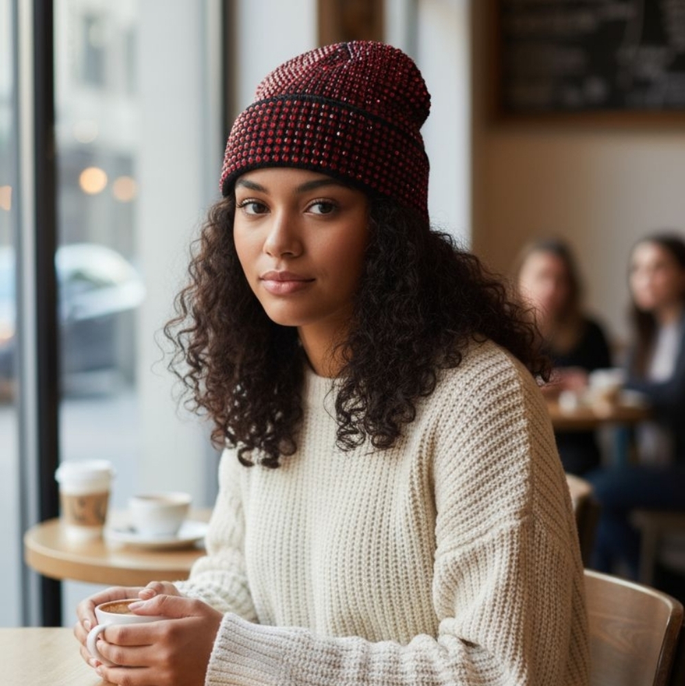 Stylish Red and Black Knit Bedazzled Beanie.